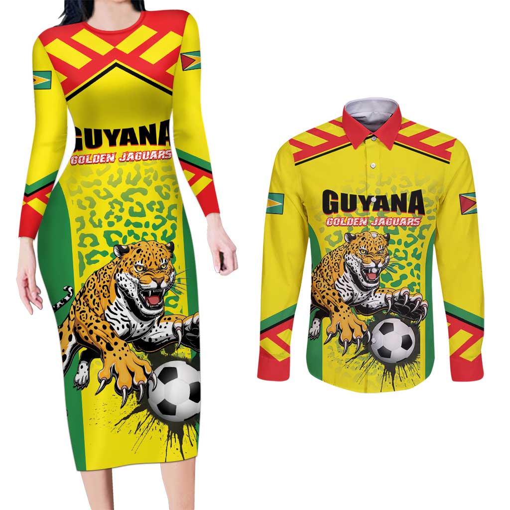 Custom Football Guyana Couples Matching Long Sleeve Bodycon Dress and Long Sleeve Button Shirt Golden Jaguars