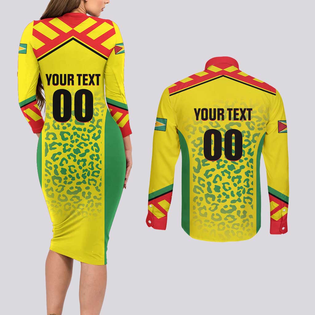 Custom Football Guyana Couples Matching Long Sleeve Bodycon Dress and Long Sleeve Button Shirt Golden Jaguars