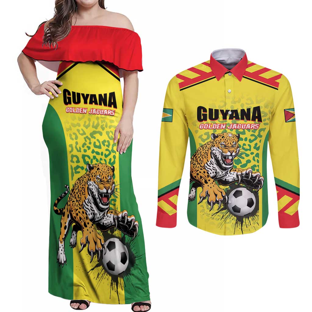Custom Football Guyana Couples Matching Off Shoulder Maxi Dress and Long Sleeve Button Shirt Golden Jaguars