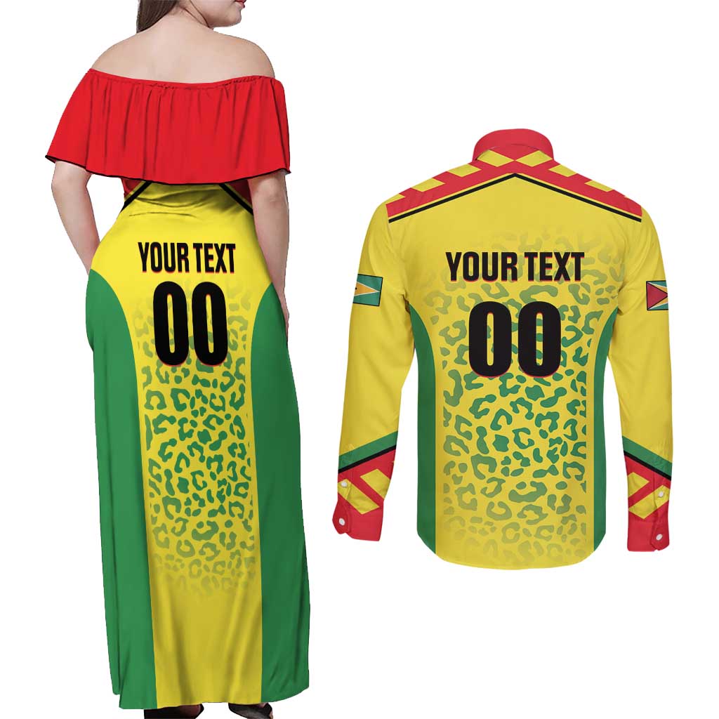 Custom Football Guyana Couples Matching Off Shoulder Maxi Dress and Long Sleeve Button Shirt Golden Jaguars