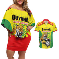 Custom Football Guyana Couples Matching Off Shoulder Short Dress and Hawaiian Shirt Golden Jaguars