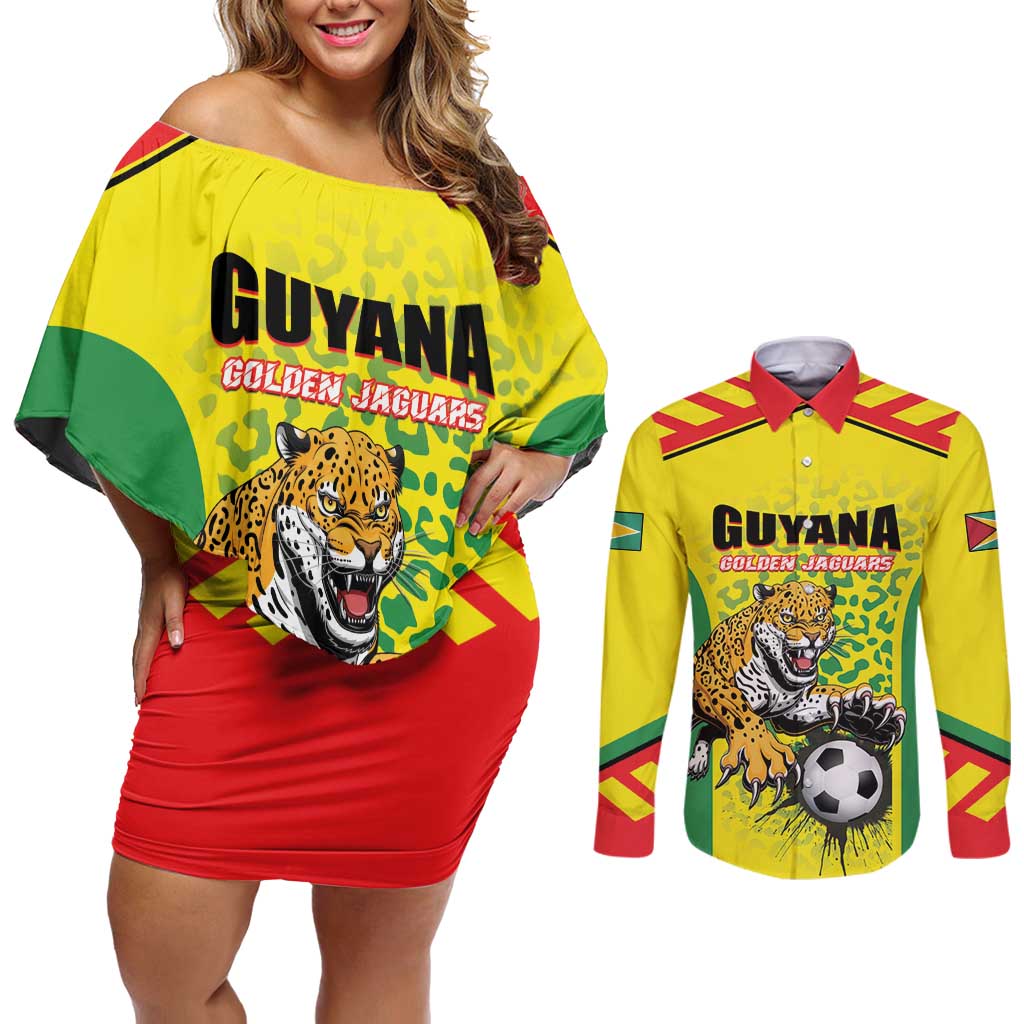 Custom Football Guyana Couples Matching Off Shoulder Short Dress and Long Sleeve Button Shirt Golden Jaguars