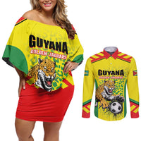 Custom Football Guyana Couples Matching Off Shoulder Short Dress and Long Sleeve Button Shirt Golden Jaguars