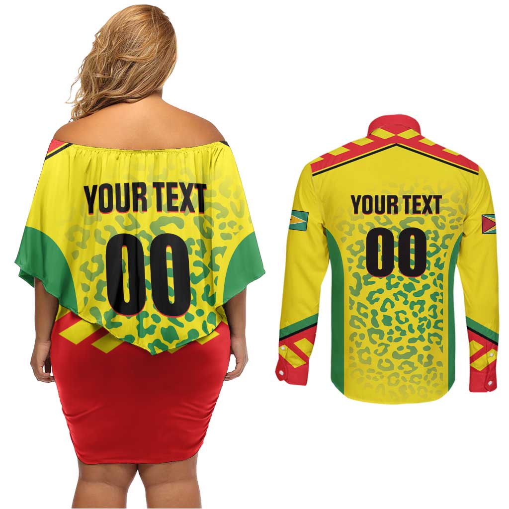 Custom Football Guyana Couples Matching Off Shoulder Short Dress and Long Sleeve Button Shirt Golden Jaguars