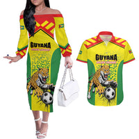 Custom Football Guyana Couples Matching Off The Shoulder Long Sleeve Dress and Hawaiian Shirt Golden Jaguars