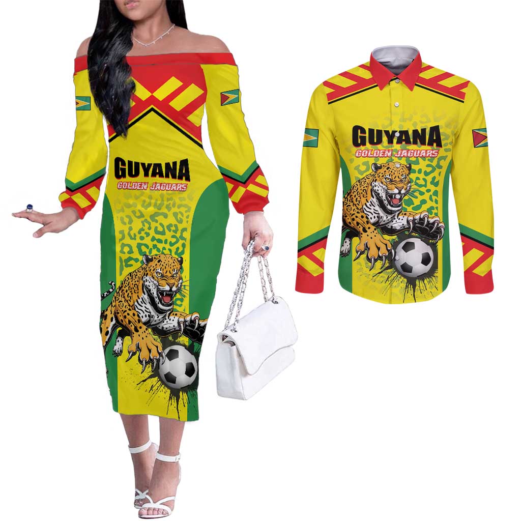 Custom Football Guyana Couples Matching Off The Shoulder Long Sleeve Dress and Long Sleeve Button Shirt Golden Jaguars