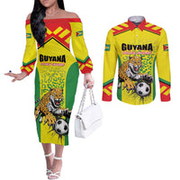 Custom Football Guyana Couples Matching Off The Shoulder Long Sleeve Dress and Long Sleeve Button Shirt Golden Jaguars