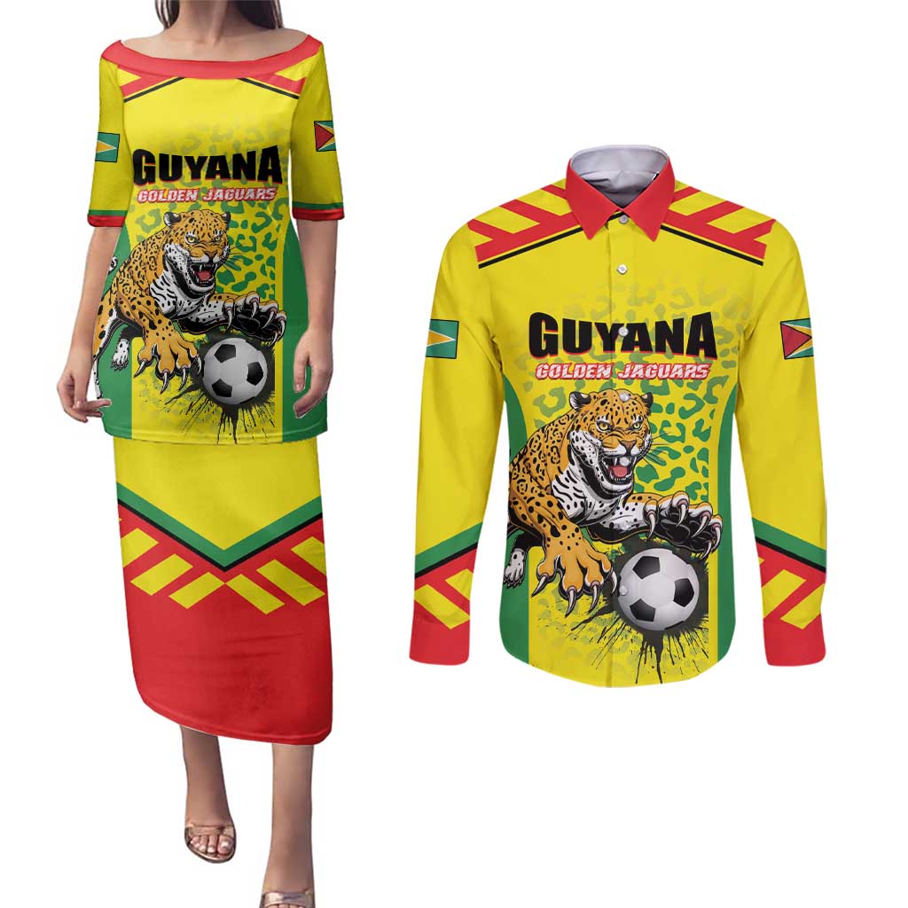 Custom Football Guyana Couples Matching Puletasi and Long Sleeve Button Shirt Golden Jaguars