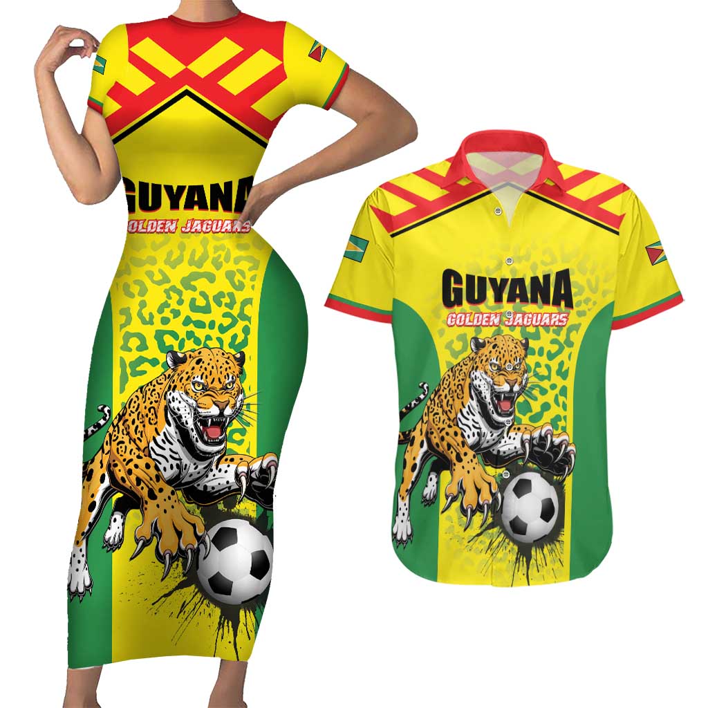 Custom Football Guyana Couples Matching Short Sleeve Bodycon Dress and Hawaiian Shirt Golden Jaguars