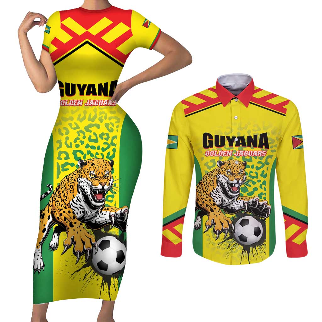 Custom Football Guyana Couples Matching Short Sleeve Bodycon Dress and Long Sleeve Button Shirt Golden Jaguars