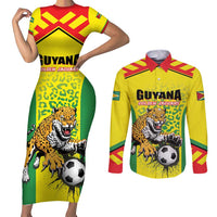 Custom Football Guyana Couples Matching Short Sleeve Bodycon Dress and Long Sleeve Button Shirt Golden Jaguars