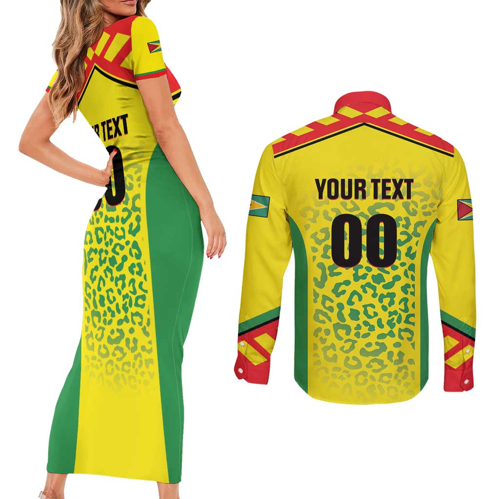 Custom Football Guyana Couples Matching Short Sleeve Bodycon Dress and Long Sleeve Button Shirt Golden Jaguars