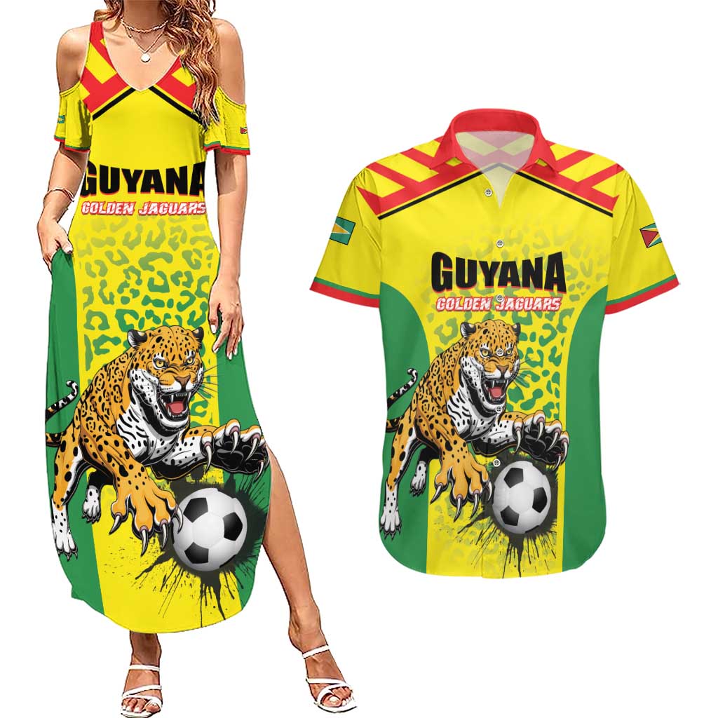 Custom Football Guyana Couples Matching Summer Maxi Dress and Hawaiian Shirt Golden Jaguars
