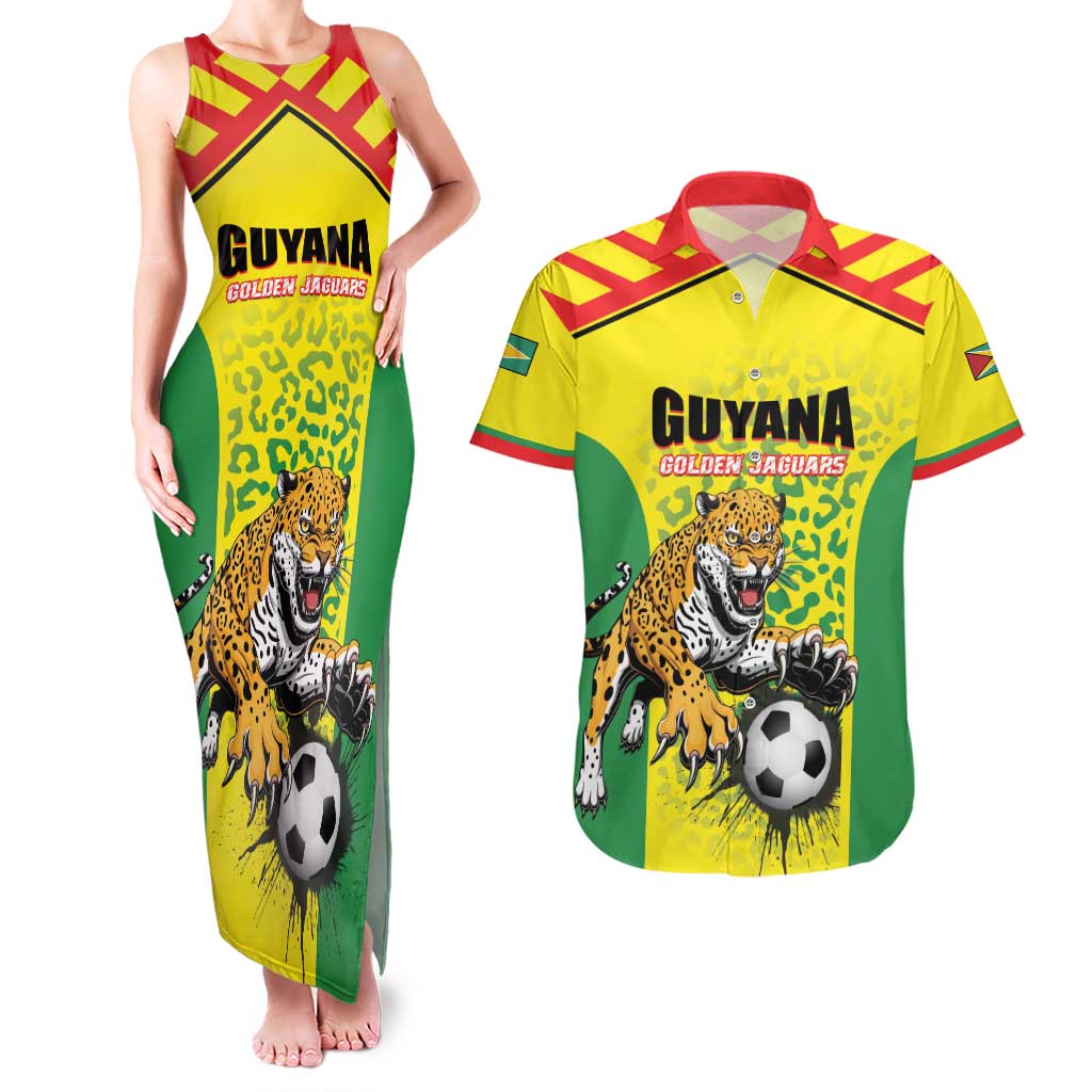 Custom Football Guyana Couples Matching Tank Maxi Dress and Hawaiian Shirt Golden Jaguars
