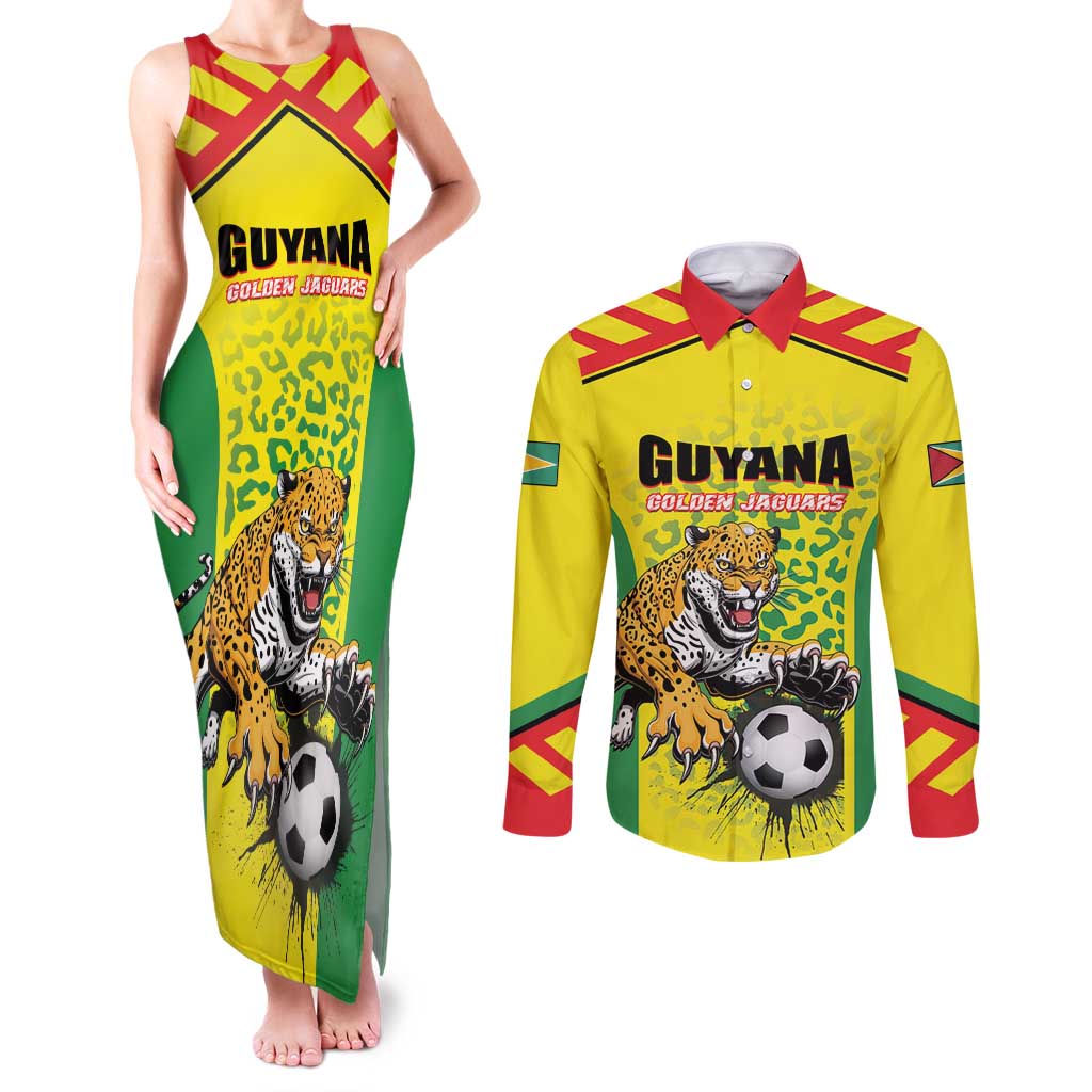 Custom Football Guyana Couples Matching Tank Maxi Dress and Long Sleeve Button Shirt Golden Jaguars