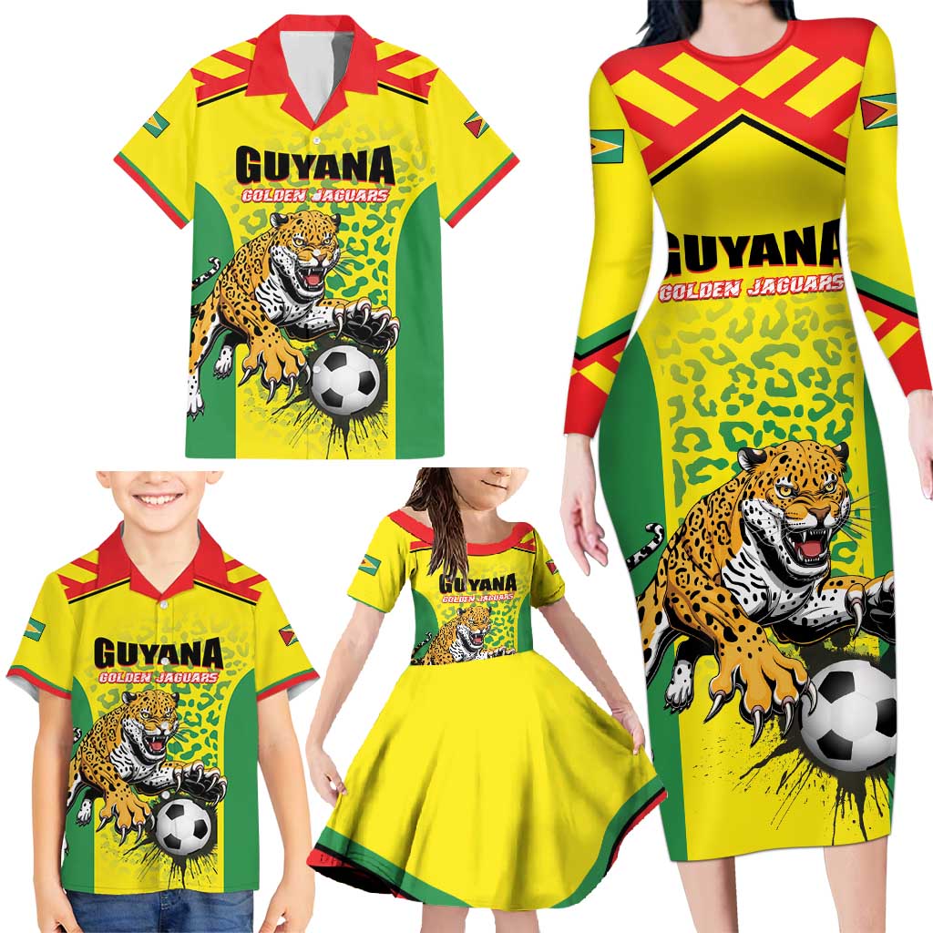 Custom Football Guyana Family Matching Long Sleeve Bodycon Dress and Hawaiian Shirt Golden Jaguars