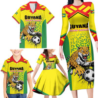 Custom Football Guyana Family Matching Long Sleeve Bodycon Dress and Hawaiian Shirt Golden Jaguars