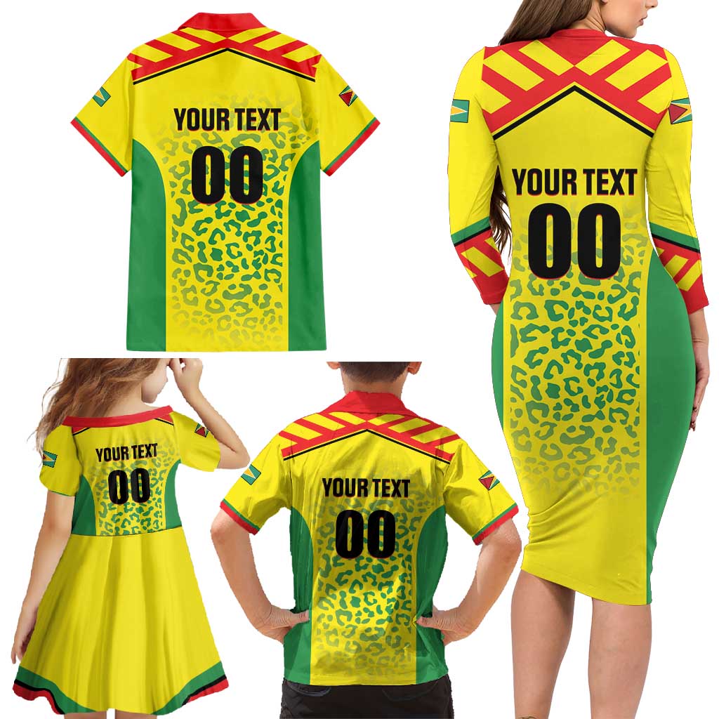 Custom Football Guyana Family Matching Long Sleeve Bodycon Dress and Hawaiian Shirt Golden Jaguars