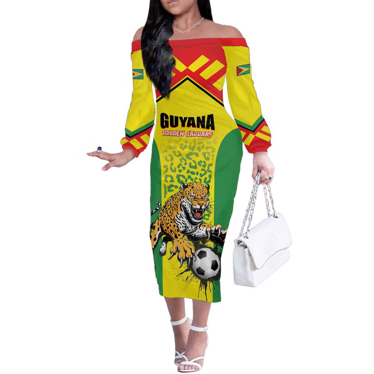 Custom Football Guyana Family Matching Off The Shoulder Long Sleeve Dress and Hawaiian Shirt Golden Jaguars
