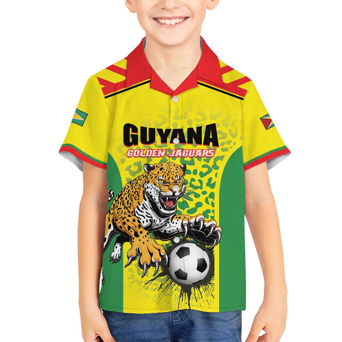Custom Football Guyana Family Matching Off The Shoulder Long Sleeve Dress and Hawaiian Shirt Golden Jaguars