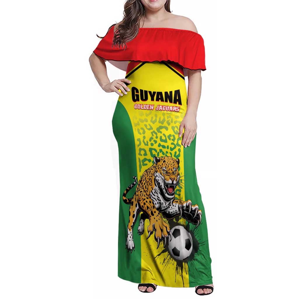 Custom Football Guyana Family Matching Off Shoulder Maxi Dress and Hawaiian Shirt Golden Jaguars