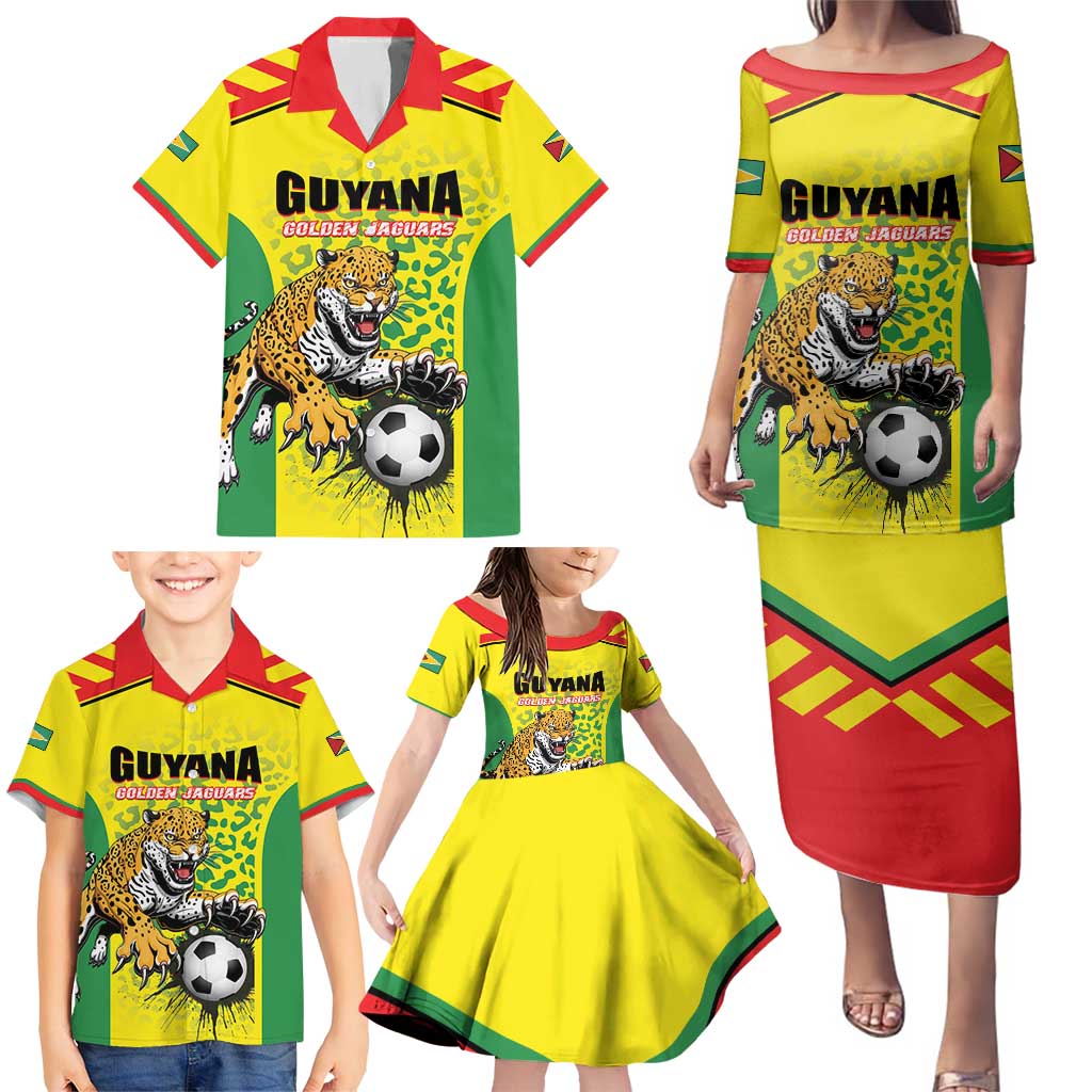 Custom Football Guyana Family Matching Puletasi and Hawaiian Shirt Golden Jaguars