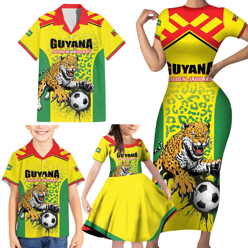 Custom Football Guyana Family Matching Short Sleeve Bodycon Dress and Hawaiian Shirt Golden Jaguars