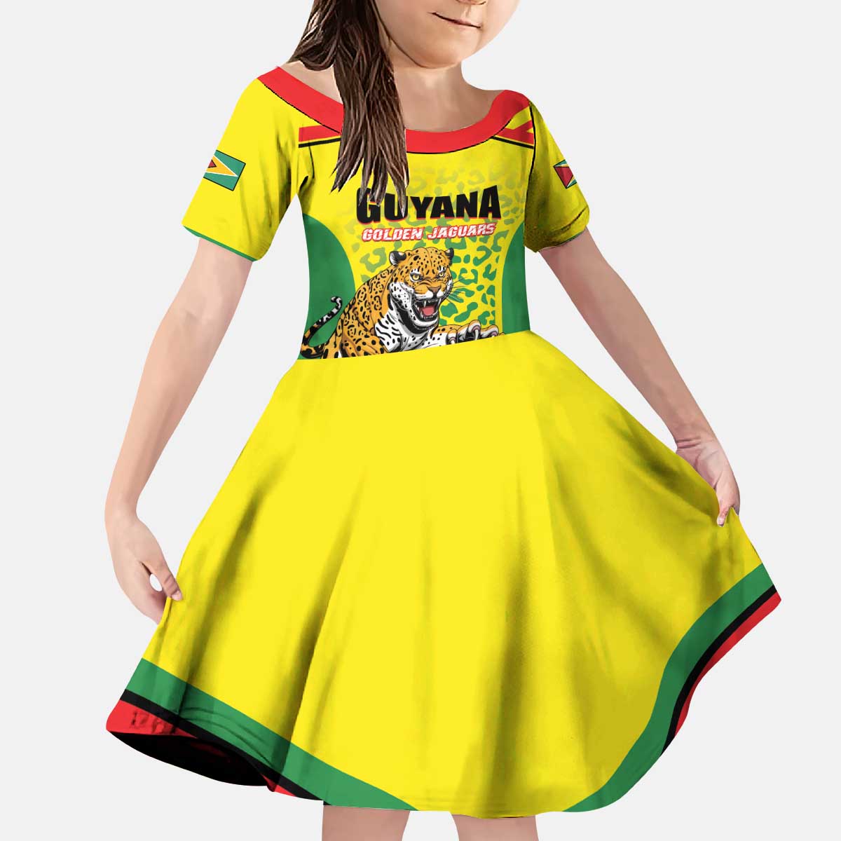 Custom Football Guyana Kid Short Sleeve Dress Golden Jaguars