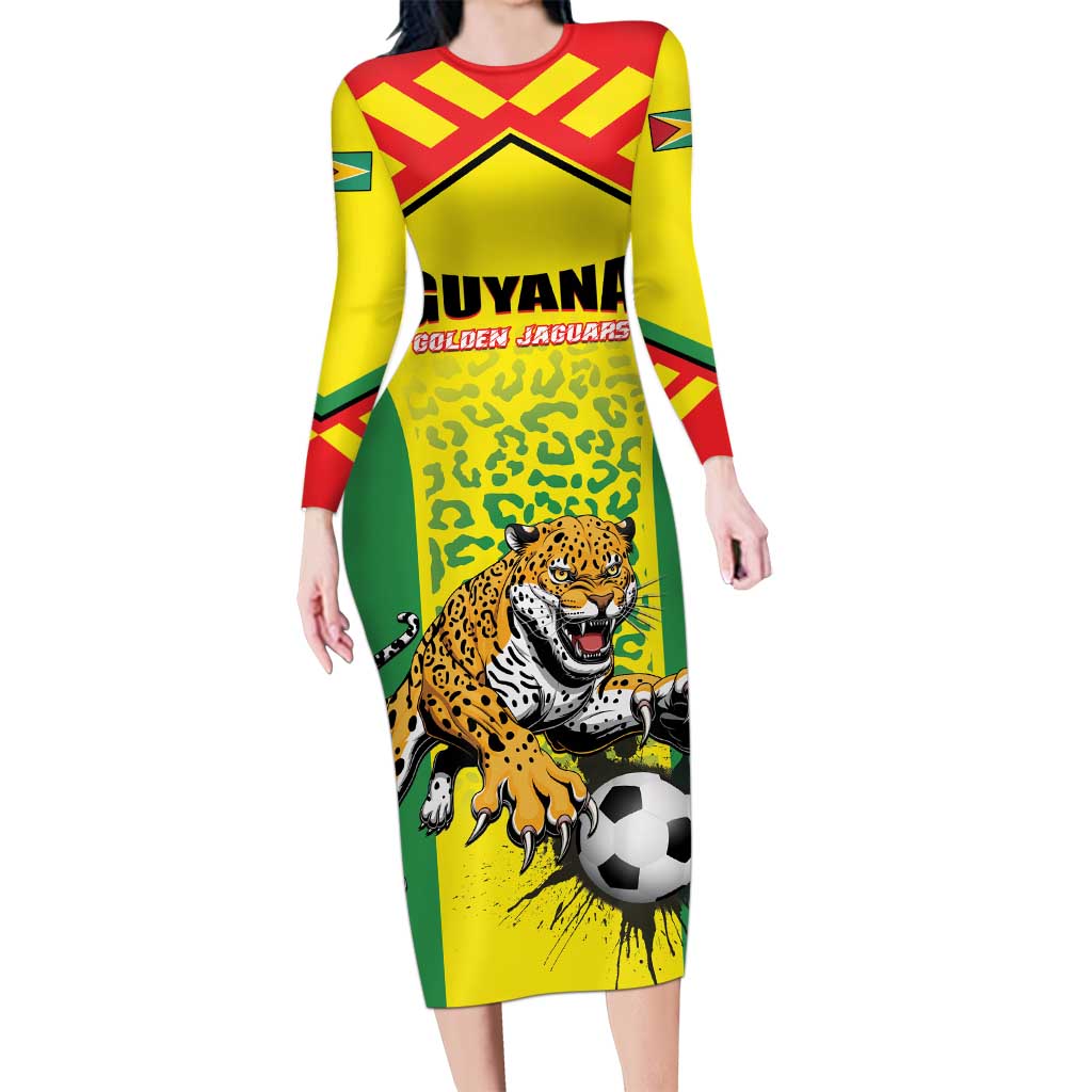 Custom Football Guyana Long Sleeve Bodycon Dress Golden Jaguars