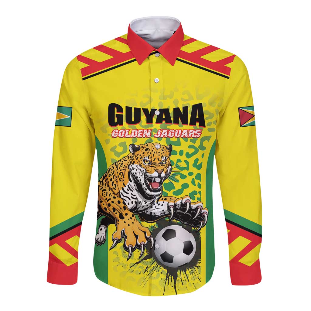 Custom Football Guyana Long Sleeve Button Shirt Golden Jaguars