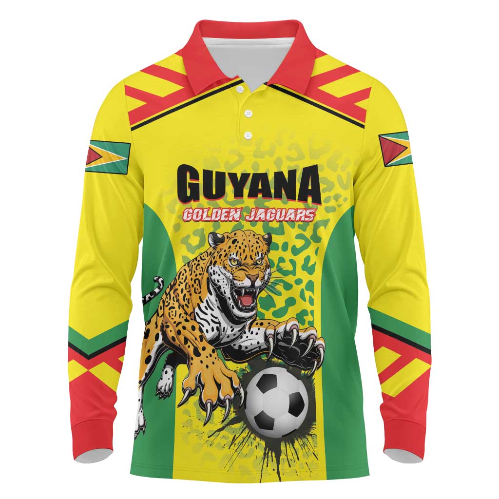 Custom Football Guyana Long Sleeve Polo Shirt Golden Jaguars