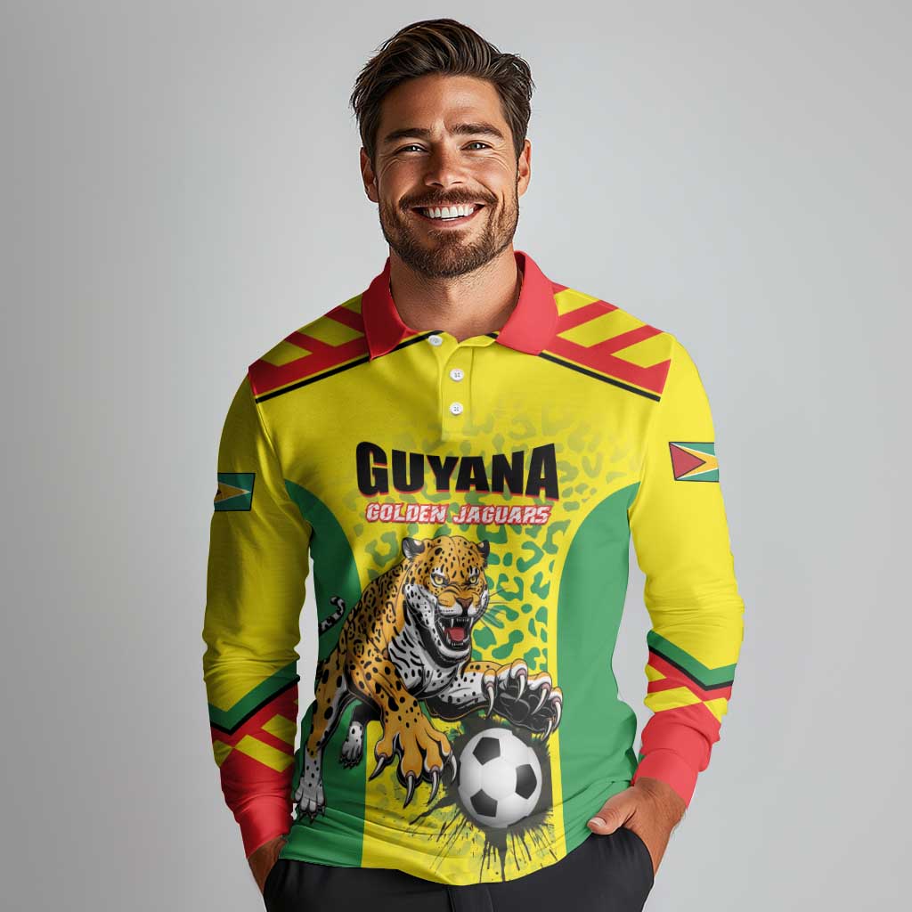 Custom Football Guyana Long Sleeve Polo Shirt Golden Jaguars