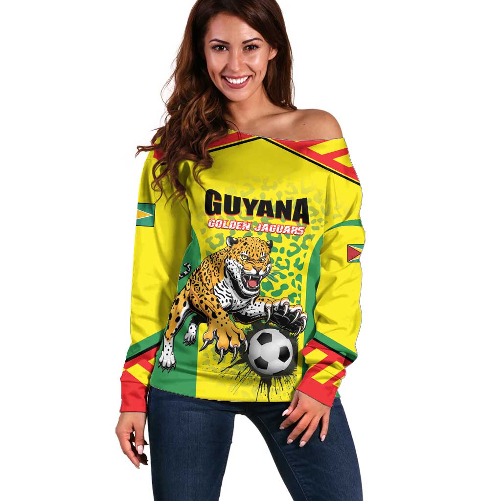 Custom Football Guyana Off Shoulder Sweater Golden Jaguars