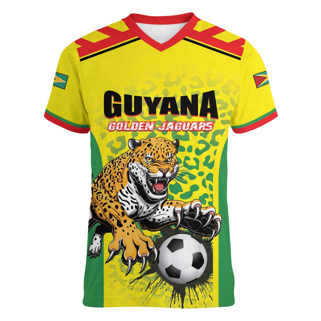 Custom Football Guyana Women V-Neck T-Shirt Golden Jaguars
