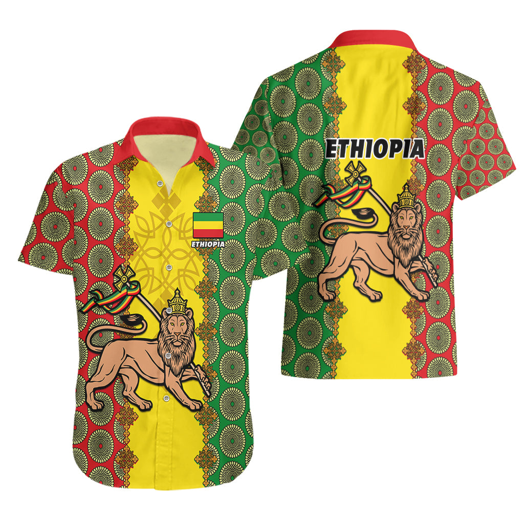 Ethiopia Hawaiian Shirt Ethiopian Lion Of Judah With African Pattern - Wonder Print Shop