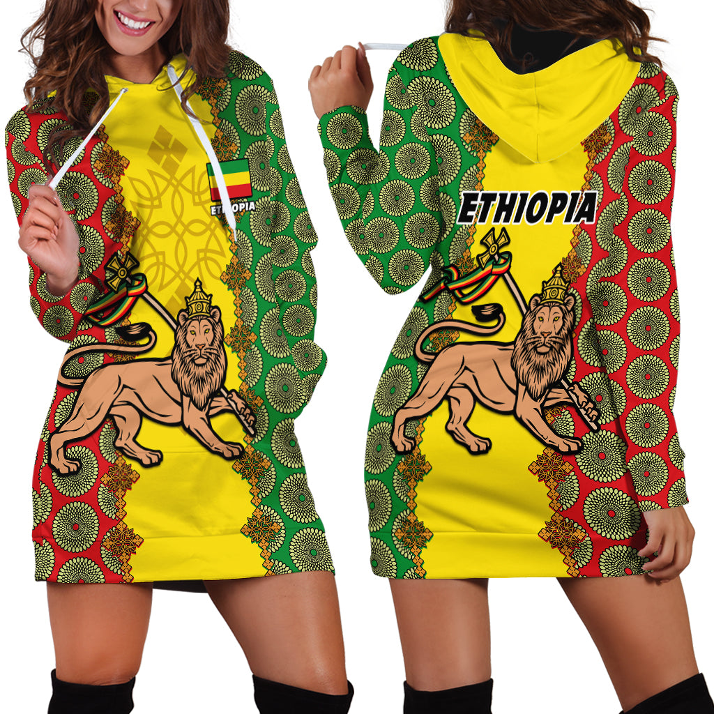 Ethiopia Hoodie Dress Ethiopian Lion Of Judah With African Pattern - Wonder Print Shop