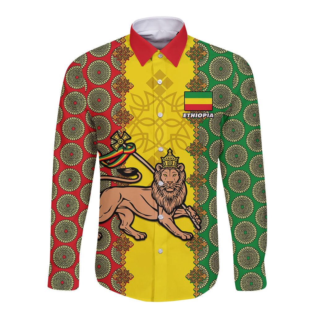 Ethiopia Long Sleeve Button Shirt Ethiopian Lion Of Judah With African Pattern - Wonder Print Shop