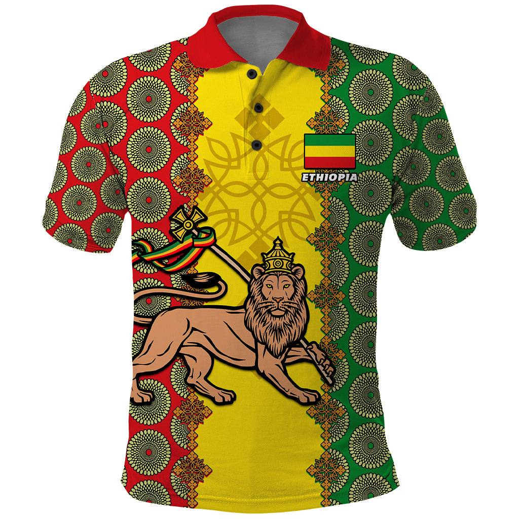 Ethiopia Polo Shirt Ethiopian Lion Of Judah With African Pattern - Wonder Print Shop