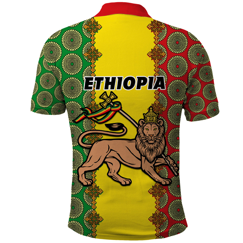 Ethiopia Polo Shirt Ethiopian Lion Of Judah With African Pattern - Wonder Print Shop
