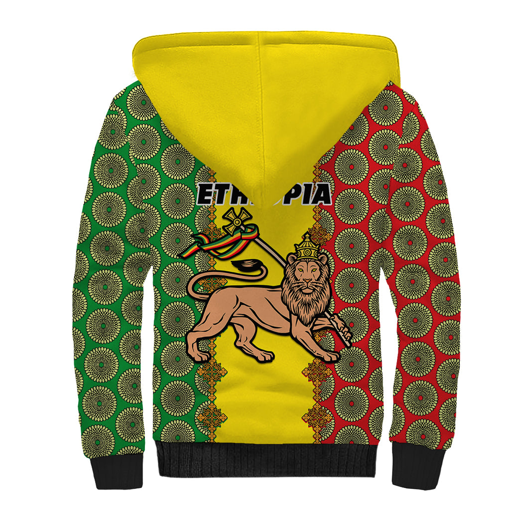 Ethiopia Sherpa Hoodie Ethiopian Lion Of Judah With African Pattern - Wonder Print Shop