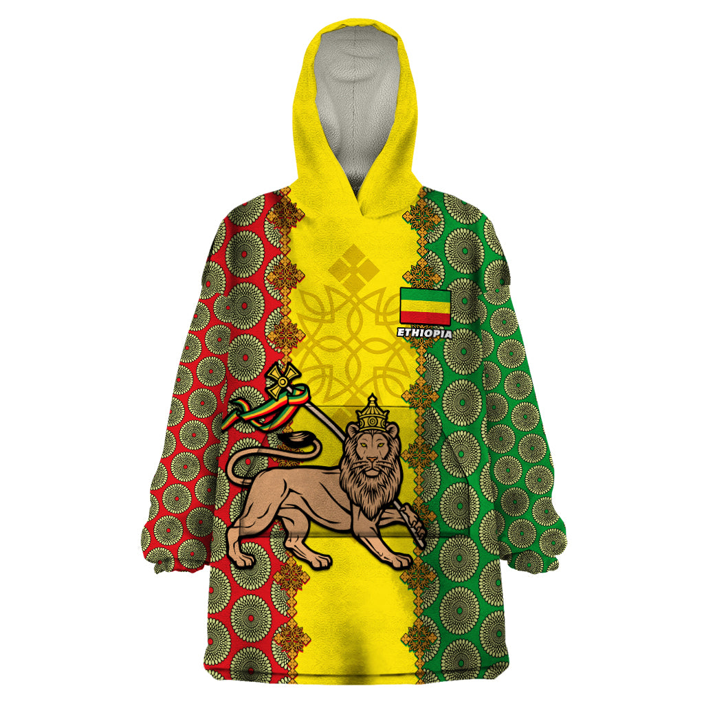 Ethiopia Wearable Blanket Hoodie Ethiopian Lion Of Judah With African Pattern - Wonder Print Shop