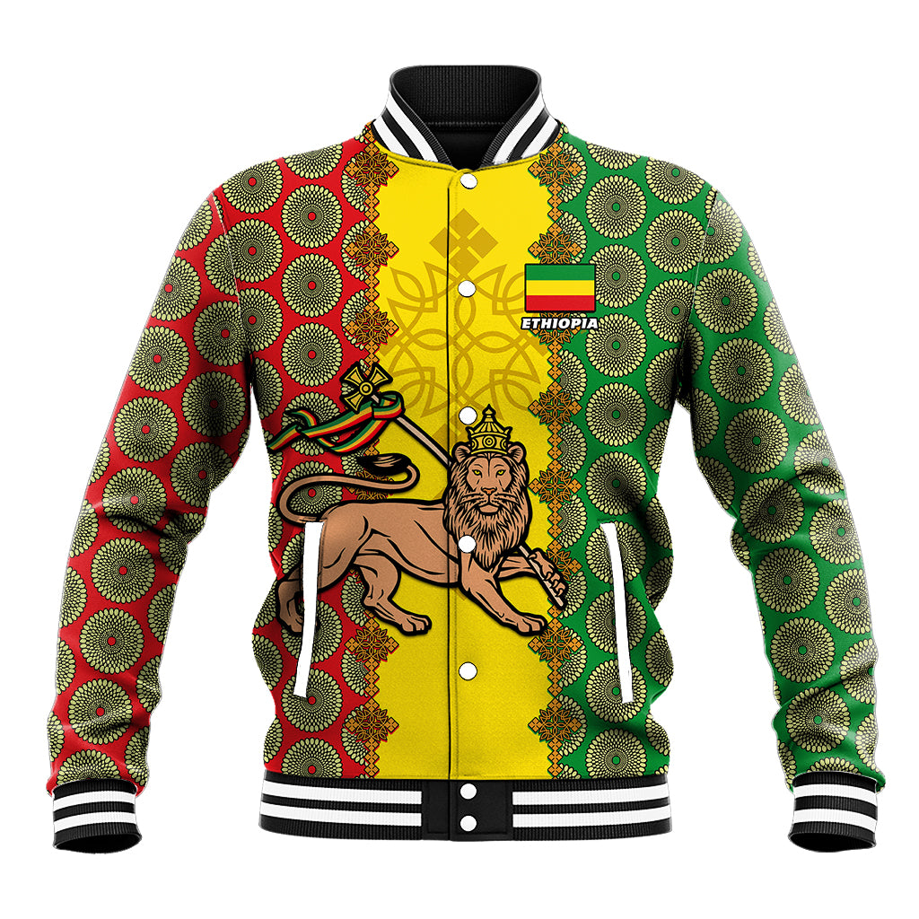 Personalised Ethiopia Baseball Jacket Ethiopian Lion Of Judah With African Pattern - Wonder Print Shop