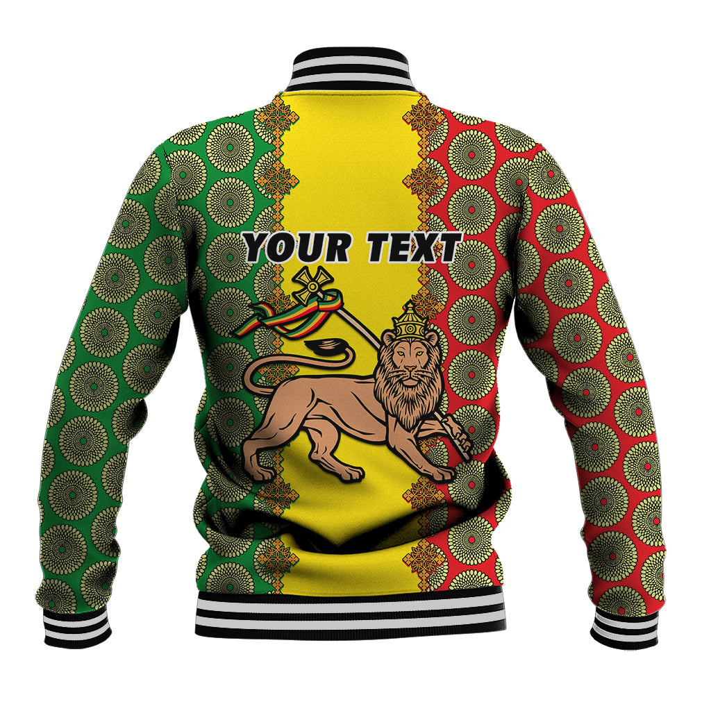 Personalised Ethiopia Baseball Jacket Ethiopian Lion Of Judah With African Pattern - Wonder Print Shop
