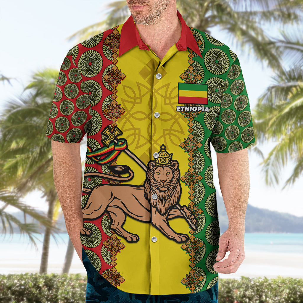 Personalised Ethiopia Hawaiian Shirt Ethiopian Lion Of Judah With African Pattern - Wonder Print Shop