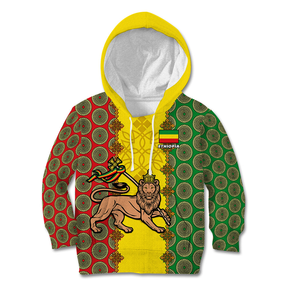 Personalised Ethiopia Kid Hoodie Ethiopian Lion Of Judah With African Pattern - Wonder Print Shop