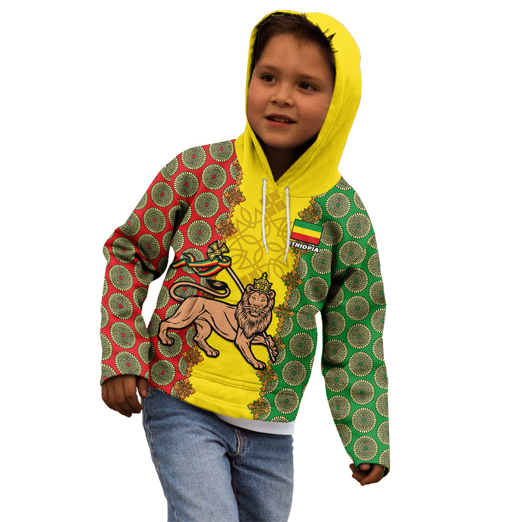 Personalised Ethiopia Kid Hoodie Ethiopian Lion Of Judah With African Pattern - Wonder Print Shop