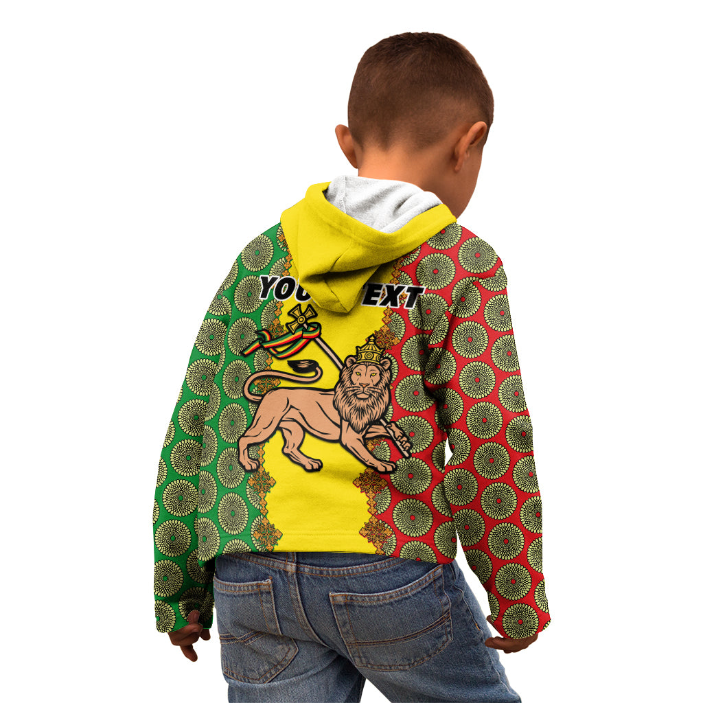 Personalised Ethiopia Kid Hoodie Ethiopian Lion Of Judah With African Pattern - Wonder Print Shop