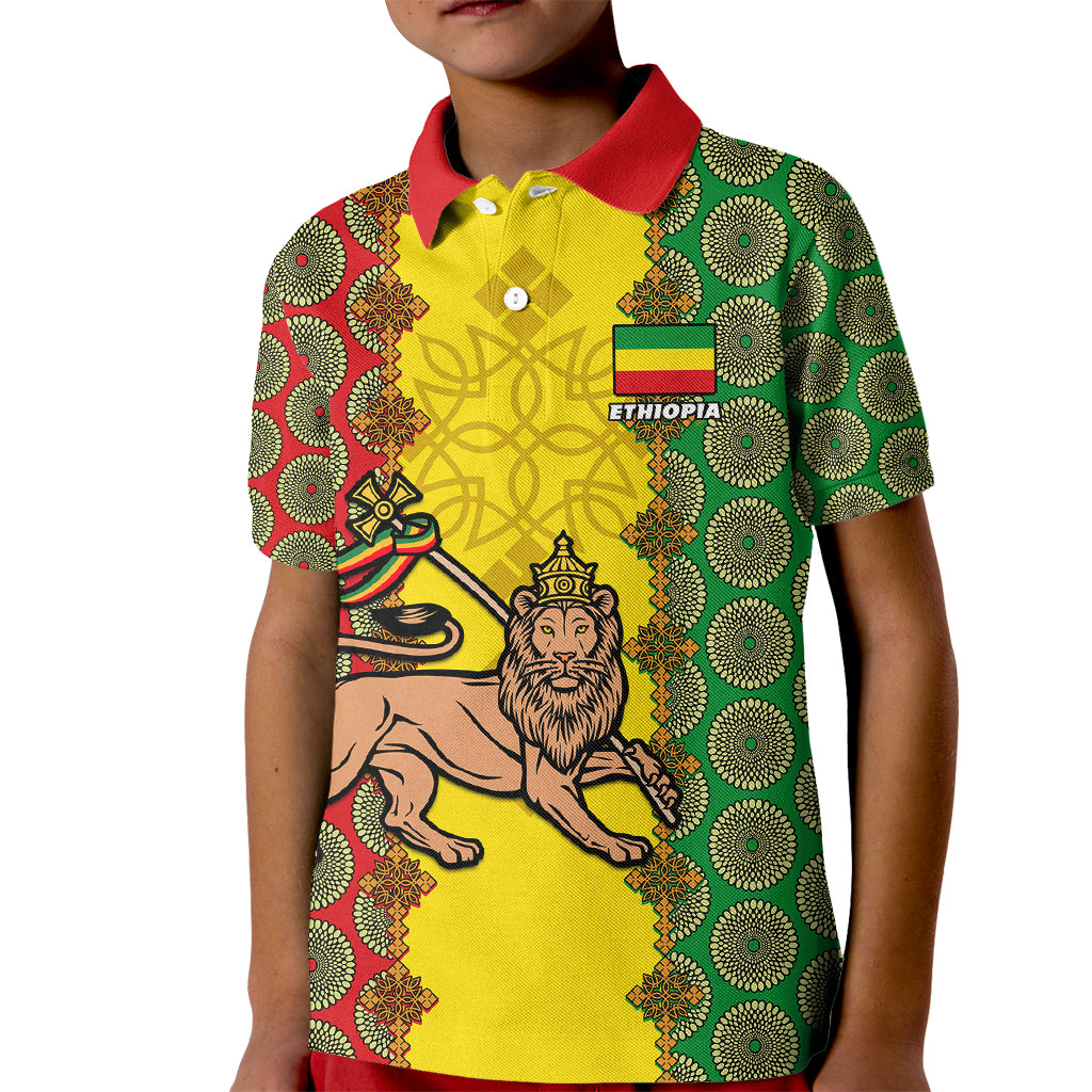 Personalised Ethiopia Kid Polo Shirt Ethiopian Lion Of Judah With African Pattern - Wonder Print Shop