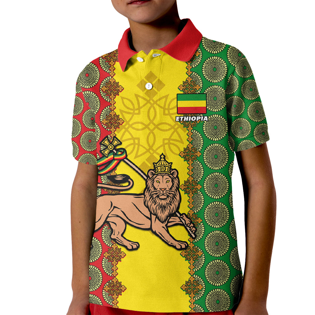 personalised-ethiopia-kid-polo-shirt-ethiopian-lion-of-judah-with-african-pattern