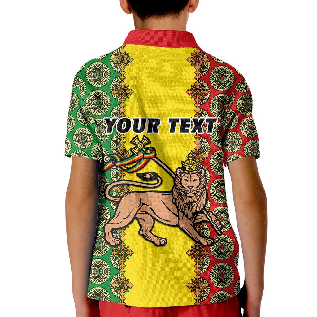 Personalised Ethiopia Kid Polo Shirt Ethiopian Lion Of Judah With African Pattern - Wonder Print Shop